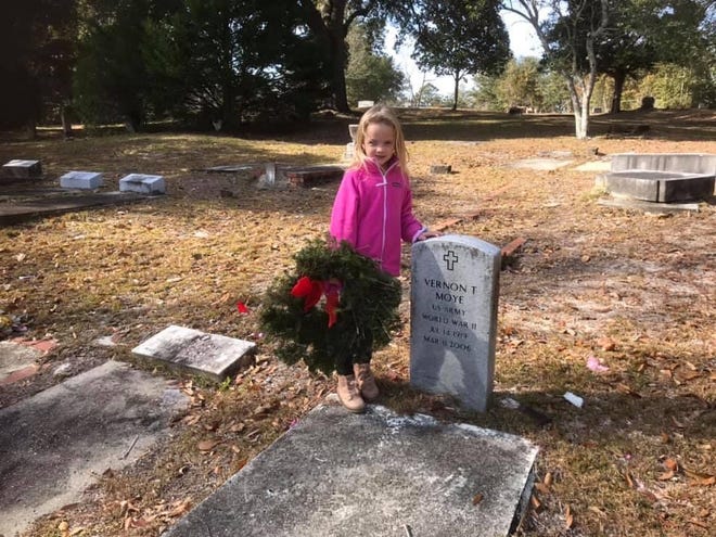 Caroline Bazemore, 6, places a wreath at the grave of a World War II service member buried in Screven County as part of Wreaths Across America in 2020.