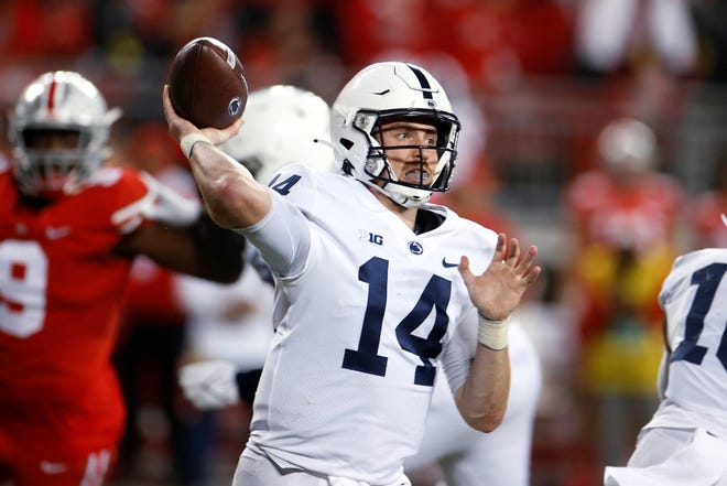 Penn State quarterback Sean Clifford throws a pass against Ohio State during the second half of an NCAA college football game Saturday, Oct. 30, 2021, in Columbus, Ohio. Ohio State won 33-24. (AP Photo/Jay LaPrete)