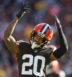 Browns cornerback Greg Newsome II (20) hit his head on the last play of practice Friday and is being evaluated for a possible concussion. His status for Sunday's game against the Baltimore Ravens is in doubt.