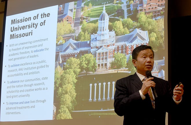 University of Missouri System President Mun Choi talks in November 2021 in a Tribune file photo.