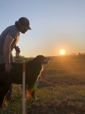 Adam Kendall and Baker, the farm dog, enjoy a peaceful moment after completing preparations for 43 rows for vines on Beaver Island.