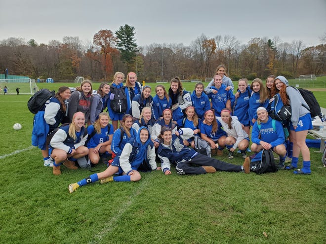 The Kittatinny girls soccer team celebrates after defeating Saddle Brook, 7-0, in the opening round of the North 1, Group 1 tournament on Nov. 2, 2021, at Kittatinny High School.