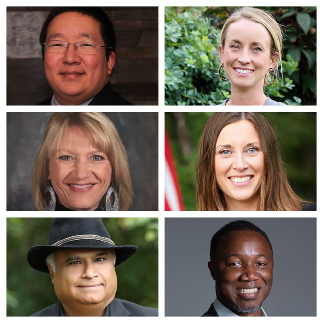 (From left, clockwise) Michael Schrodt, Jaime Secory, Lori Lyon, Morgan Hughes, Vin Thaker and Armel Traore dit Nignan are running for Waukee School Board. Not pictured are Jeff Rubino and Andrea Lawrence.