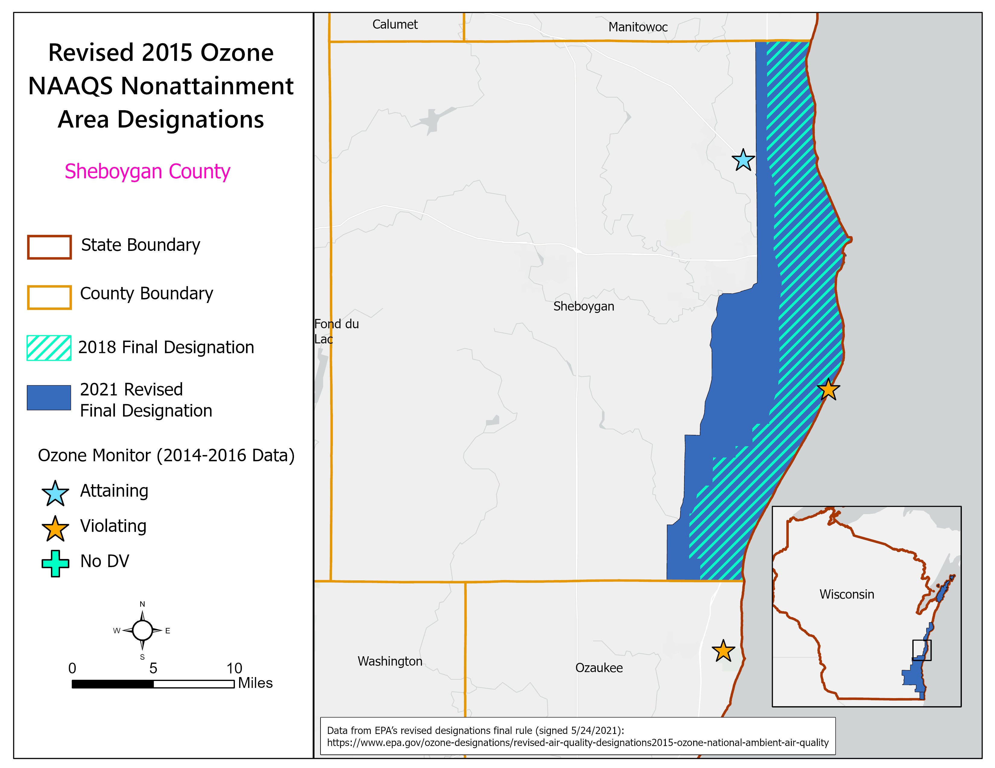 A map of the part of Sheboygan County that does not meet National Ambient Air Quality Standards for ozone (in blue). The area with light blue diagonal lines represents the part of Sheboygan County that the EPA designated as "nonattainment" before the agency expanded the area as a result of a lawsuit.