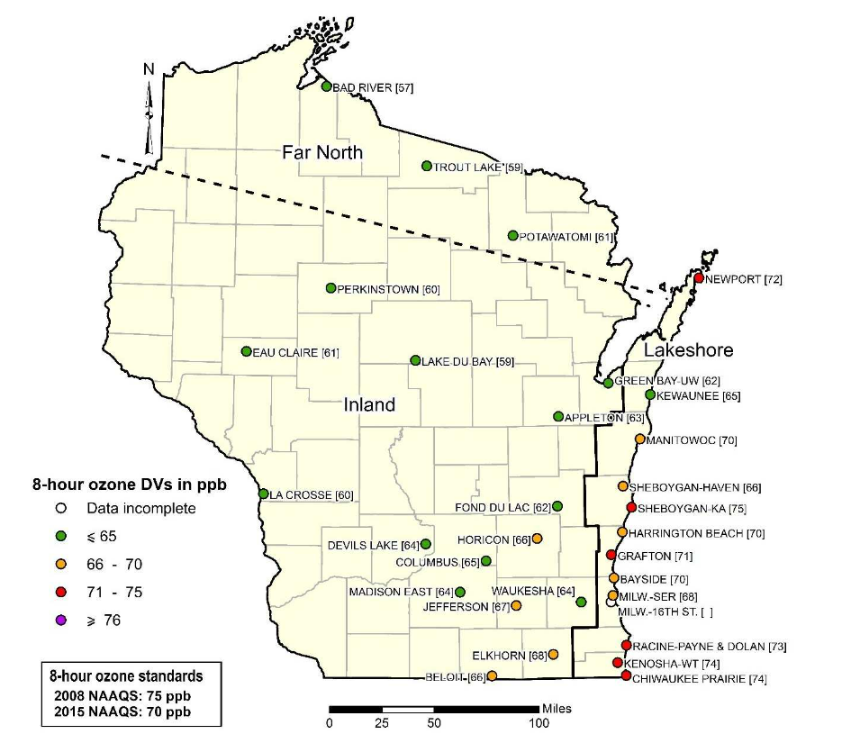 The 8-hour design values for each ozone monitoring site in Wisconsin for 2018 to 2020. The design value for each site is the annual fourth-highest daily maximum 8-hour ozone concentration at the site, averaged over three years.