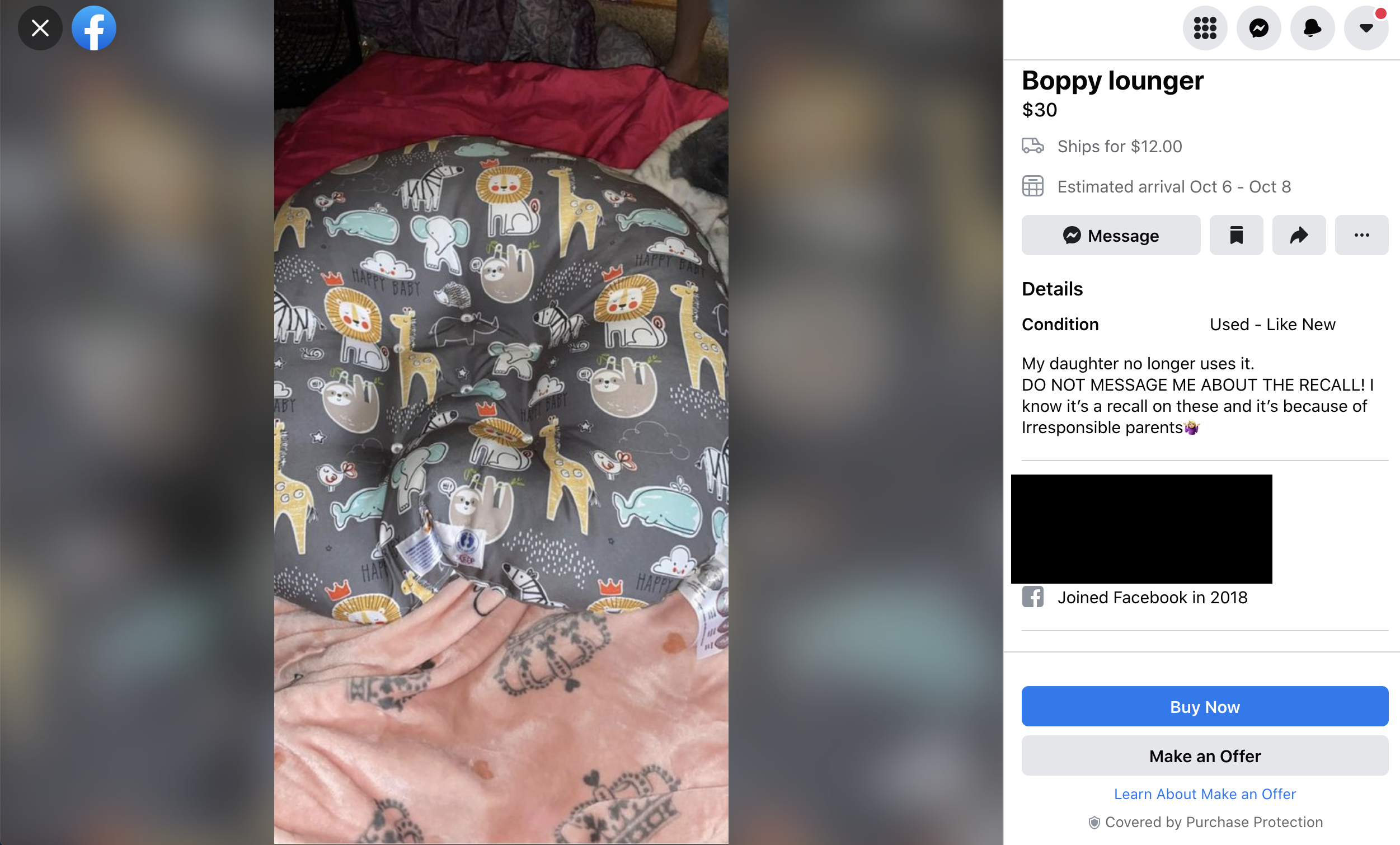 While many people selling the Boppy lounger on Facebook Marketplace are likely unaware that it has been recalled, some know about the recall and are selling it anyway. One seller in Texas wrote in her post that she knew the product was recalled.