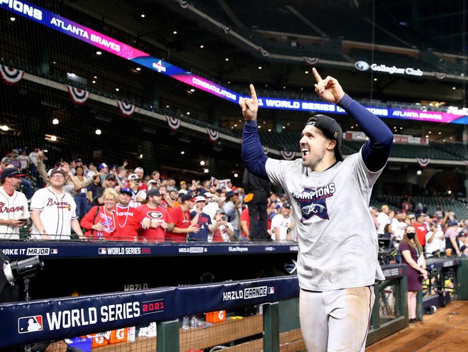 Atlanta Braves center fielder Adam Duvall celebrates after defeating the Houston Astros in game six of the 2021 World Series at Minute Maid Park on Nov. 2.