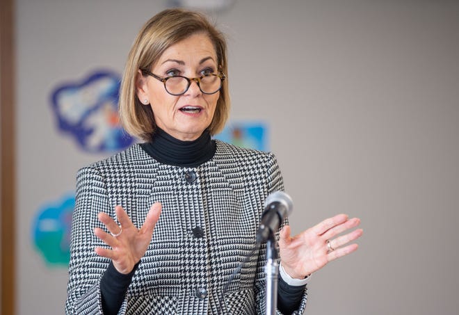 Iowa Gov. Kim Reynolds speaks during a news conference at Sprouts Early Learning Academy in Carlisle, Wednesday, Nov. 3, 2021.