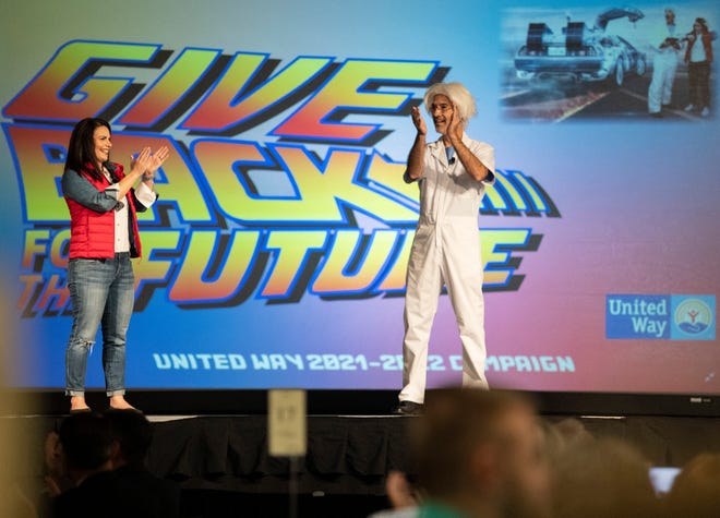 United Way Campaign Co-Chairs Noelle Branning and Corey Vertich welcome the audience to the United Way Campaign Kickoff breakfast on Wednesday, Nov. 3, 2021, at the Caloosa Sound Convention Center in Fort Myers.