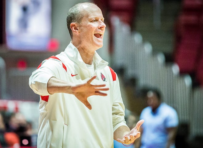 Ball State women's basketball coach Brady Sallee during an exhibition game against Oakland City at Worthen Arena Wednesday, Nov. 3, 2021.