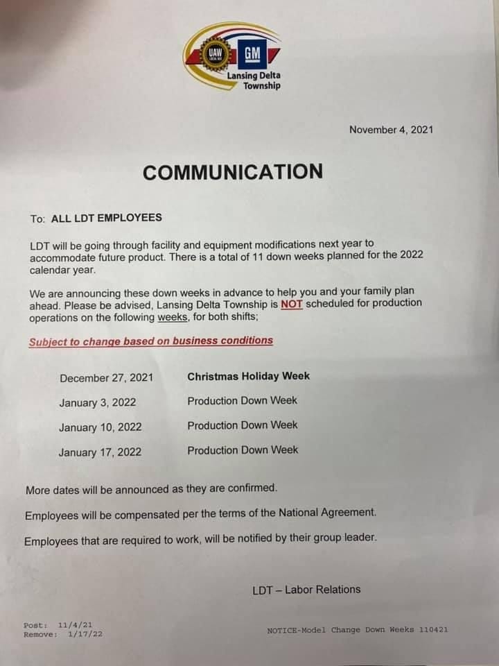 GM's Lansing Delta Township plant to idle for eleven weeks next year