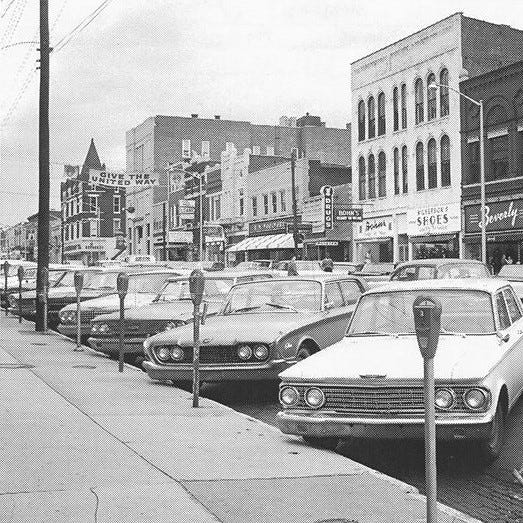 North Main Street between First and Second streets as it appeared during the Christmas season of 1965. That was during the heyday of Henderson's 50-year usage of parking meters.