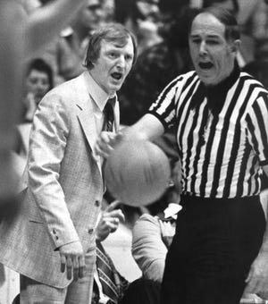 Indiana State coach Bill Hodges has a few words to an umpire during the Indiana State game in Cincinnati on March 16, 1979, as he battled to continue his team's undefeated run in the NCAA Midwest Regionals.