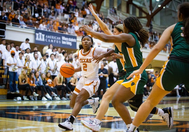 Texas junior guard Aliyah Matharu eyes the basket after driving downcourt in an exhibition victory over Oklahoma Baptist on Thursday night.