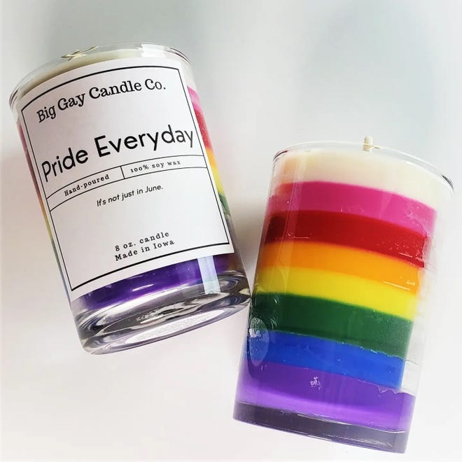 Pride Everyday candles are eight layers color and smells earthy, woodsy cologne. "It smells like boy," candle company owner James Walters said.