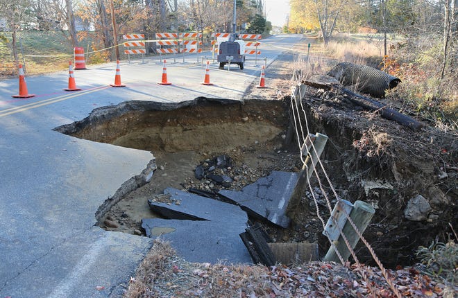 Due to a culvert failure in Rollinsford, an area of Rollins Road is closed to through traffic between Oak Street and Goodwin Road, as seen Friday, Nov. 5, 2021.