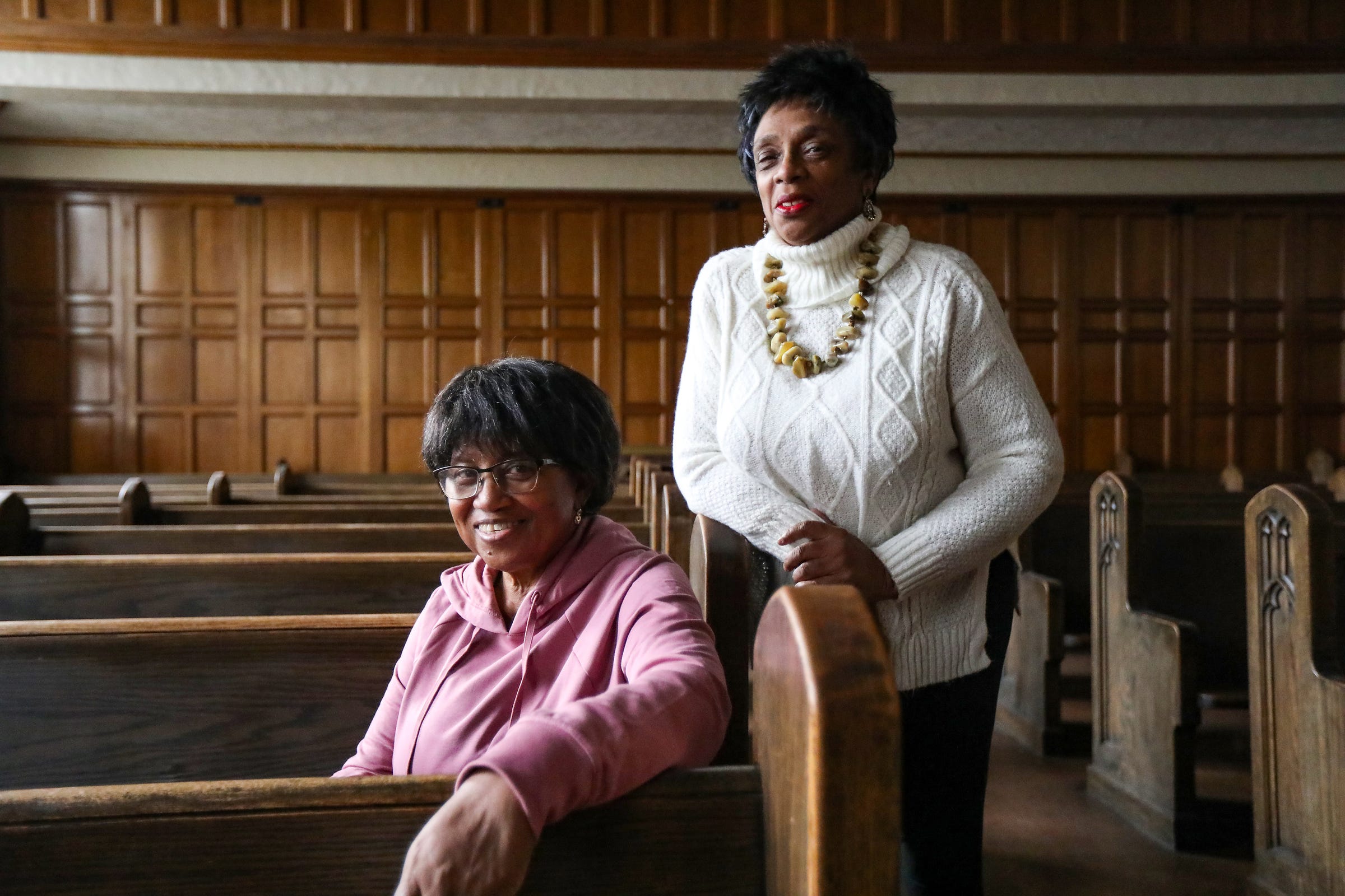 Edna Todd Walker left, and Darlene Jackson sit in the original chapel at the Historic Ebenezer African Methodist Episcopal Church in Detroit on Nov. 4, 2021. Walker is the director of the Ebenezer Community and Cultural Center and Jackson is the church historian. It is the 6th oldest African American congregation in Detroit. Organized in 1871 to serve as a harbor for newly freed Black Americans migrating from the antebellum South, the history of the Historic Ebenezer AME Church is entrenched in the traditions of social progress in Detroit. From housing Negro soldiers during WWII to serving as a training center for boxing great Joe Louis, Ebenezer has been a backdrop for Detroit's history. By housing the homeless and providing clothes for the needy the church continues its time-honored motto of "Love Makes the Difference." The name Ebenezer means Stone of Help.