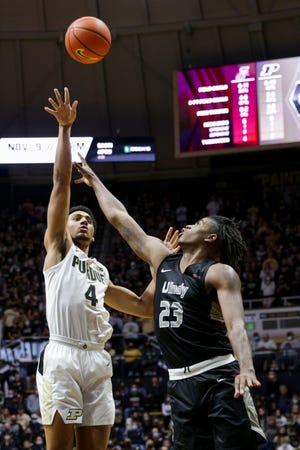 Purdue forward Trey Kaufman-Renn (4) goes up for two above University of Indianapolis forward Jakobie Robinson (23) during the first half of an NCAA men's exhibition basketball game, Thursday, Nov. 4, 2021 at Mackey Arena in West Lafayette, Ind.