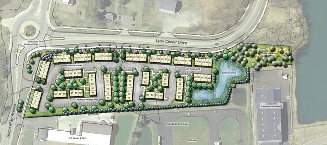 The 94-unit Hudson Townes development is planned for the northeast corner of the roundabout at Lyon Center Drive and Grand River Avenue, as depicted in a rendering submitted by Robertson Homes to Lyon Township.