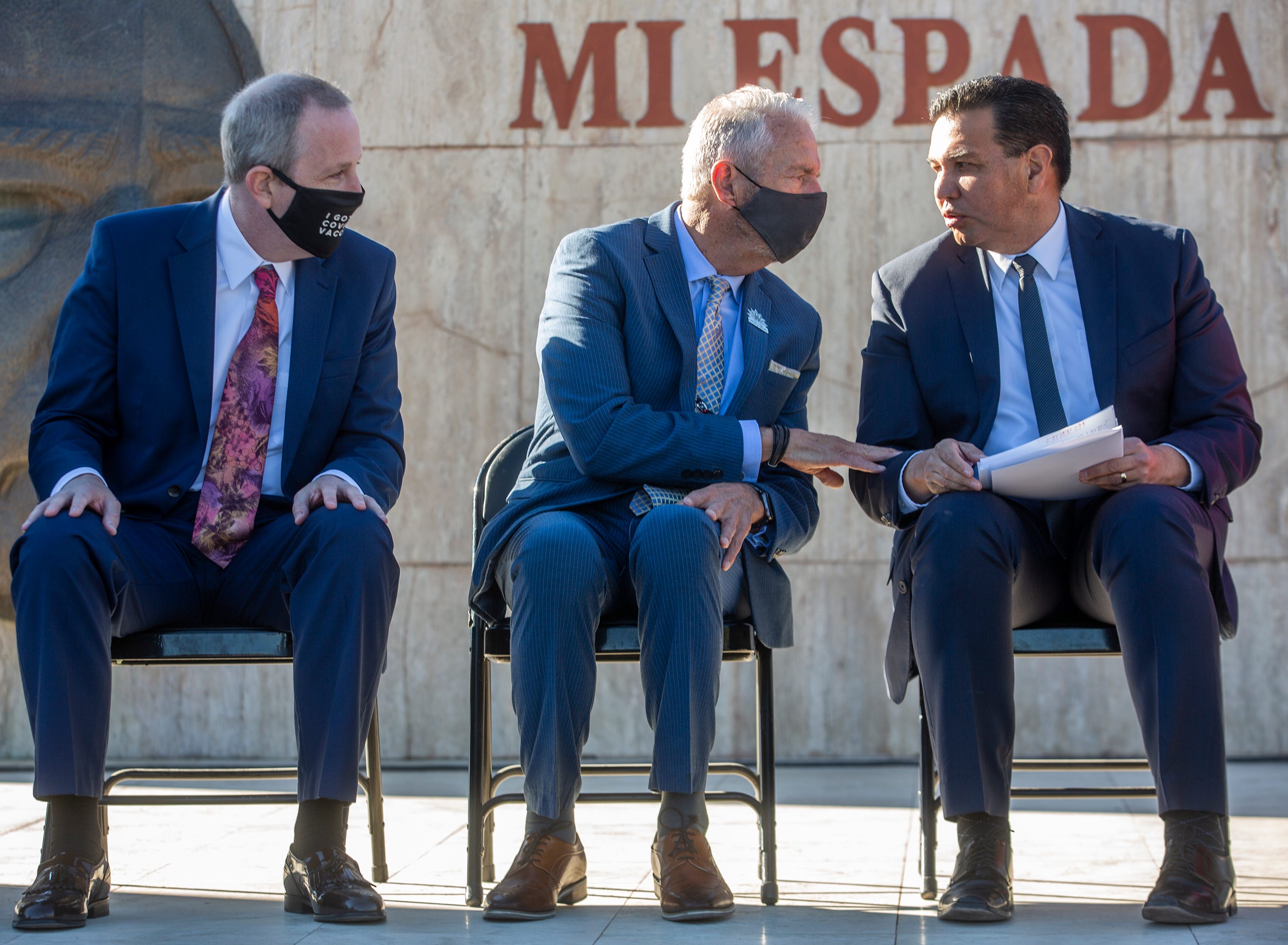 At center, El Paso County Judge Ricardo Samaniego speaks to Juarez Mayor Cruz Perez Cuellar as U.S. Consul in Juarez Eric Cohan listens at far left during a public event at the Parque Publico Federal Chamizal in October 2021.