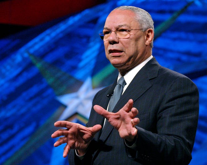 FILE - In this May 5, 2006 file photo, former Secretary of State Colin Powell delivers closing remarks at the World Congress on Information Technology in Austin, Texas.  Powell, former chairman and secretary of state to the Joint Chiefs, has died of complications from COVID-19.  In a social media announcement on Monday, the family said Powell had been fully vaccinated.  He was 84 years old.  (AP Photo / Jack Plunkett) ORG XMIT: WX116