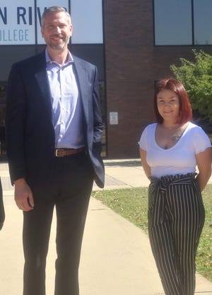SRC student Trinity Brock is pictured with Illinois State Treasurer Michael Frerichs during his visit to Spoon River College.