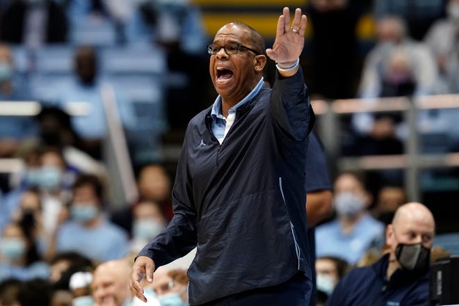 North Carolina head coach Hubert Davis directs his players during the first half of an exhibition NCAA college basketball game against Elizabeth City State in Chapel Hill, N.C., Friday, Nov. 5, 2021.