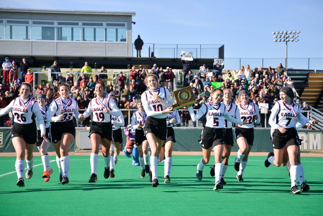 The Vermont D2 field hockey champion Mt Abraham Eagles at UVM's Moulton Winder Field.