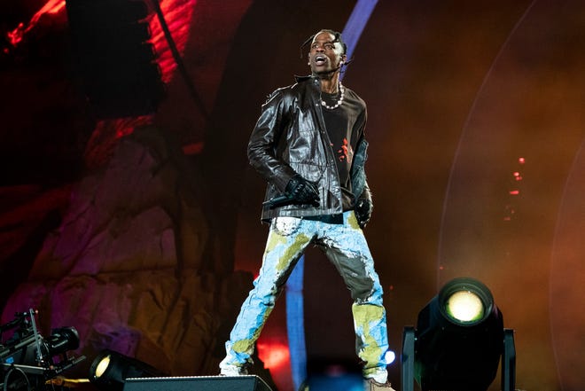 Travis Scott performs at Day 1 of the Astroworld Music Festival at NRG Park in Houston on Friday, Nov. 5, 2021.