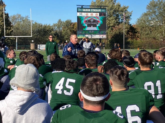 Mercyhurst University football coach Marty Schaetzle talks to his team after the Lakers' 24-13 win over Gannon on Saturday, Nov. 6, 2021, at Saxon Stadium.