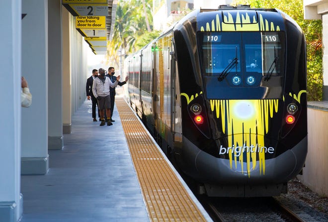 A northbound train arrives at the Brightline station in downtown West Palm Beach as the passenger  service resumed between Miami and West Palm Beach Monday, November 8, 2021 after it was suspended in March 2020 because of the pandemic. 