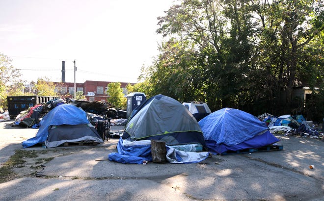 An encampment of homeless people around Wilson Street in Providence in October.
