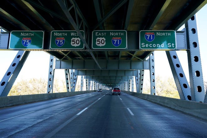 View of northbound traffic along the Brent Spence Bridge, pictured, Monday, Nov. 8, 2021.