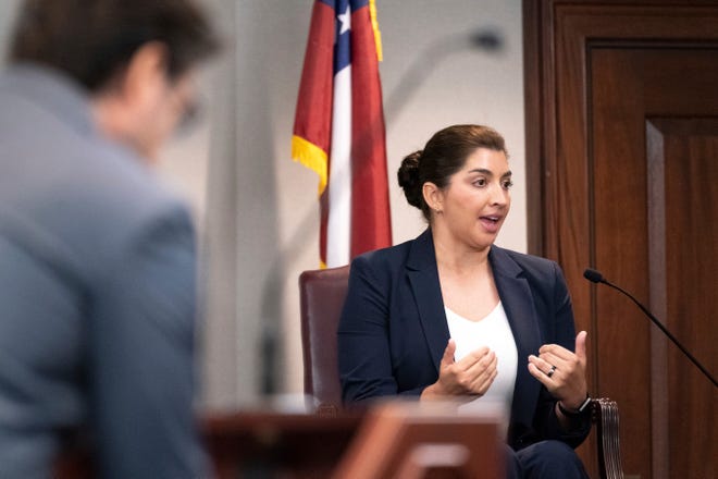 Glynn County Police Sgt. Shelia Ramos testifies during the trial for the shooting death of Ahmaud Arbery at the Glynn County Courthouse on Monday, Nov. 8, 2021 in Brunswick, Ga.