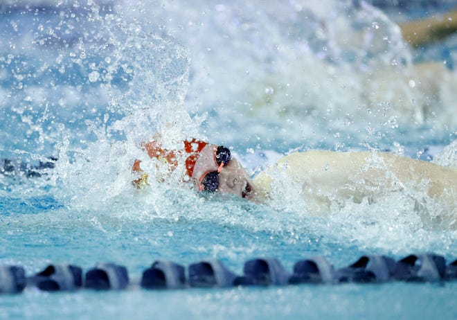 Coronado's Hollie Smith swims the 200-yard relay race during the Lubbock Fall Invitational, Saturday, Nov. 6, 2021, at Pete Ragus Aquatic Center in Lubbock, Texas.