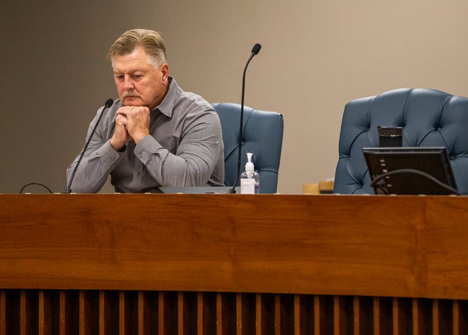 St. Joseph County commissioner Derek Dieter, District 2, looks on during a public hearing on controversial new election maps proposed by St. Joseph County Commissioners President Andy Kostielney on Tuesday, Nov. 9, 2021, inside the County-City Building in South Bend. 