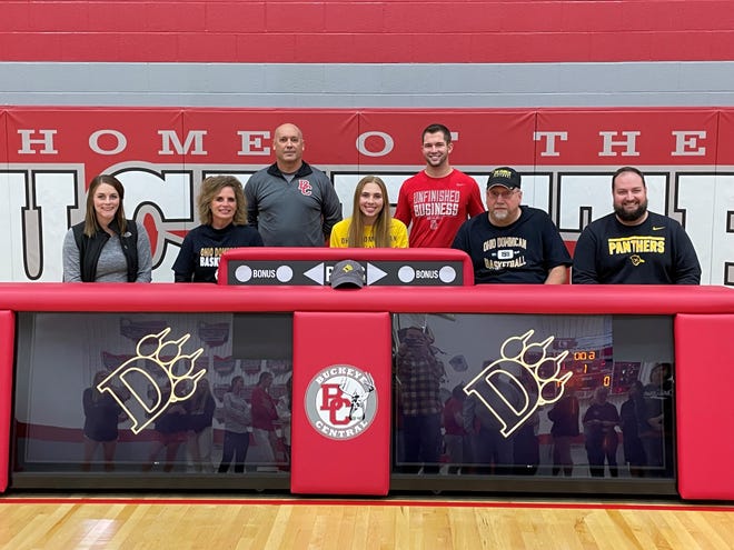 Buckeye Central's Claudia Pifher committed to Ohio Dominican University to continue her basketball career.

(Front L to R): coach Lauren Everhart, mom Amy, coach Terry Oswald, Claudia, coach Tyler Shade, dad Scott, coach Abram Kaple