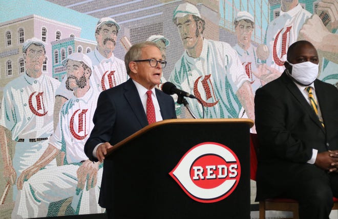 Gov. Mike DeWine speaks at a press conference announcing the return of Wilberforce University's baseball team. The historically Black university has not had a baseball team since the 1940s.