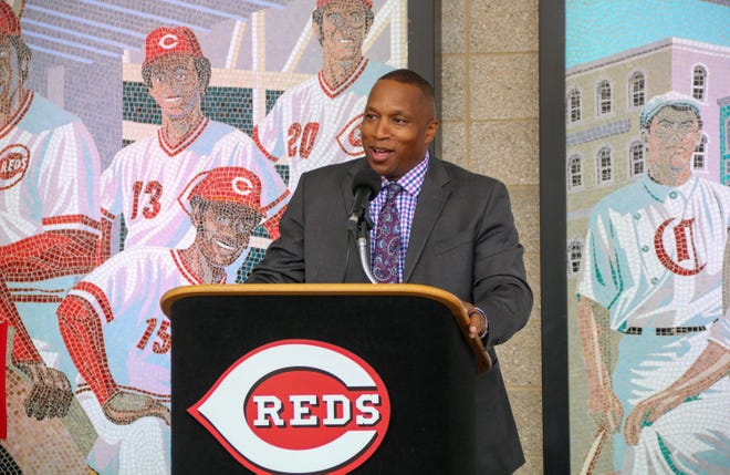 Reds RBI head coach Roosevelt Barnes speaks at a press conference announcing the return of Wilberforce University's baseball team on Tuesday, Nov. 9, 2021.