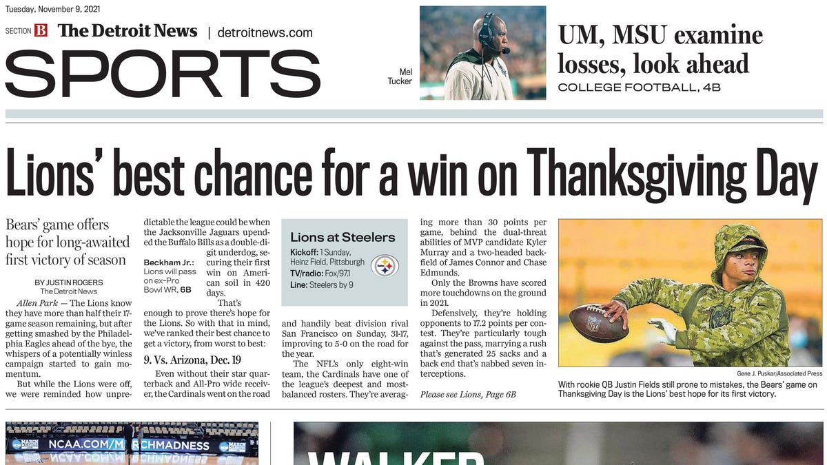 Lihat halaman depan olahraga Detroit News harian (Diperbarui: 9 November)