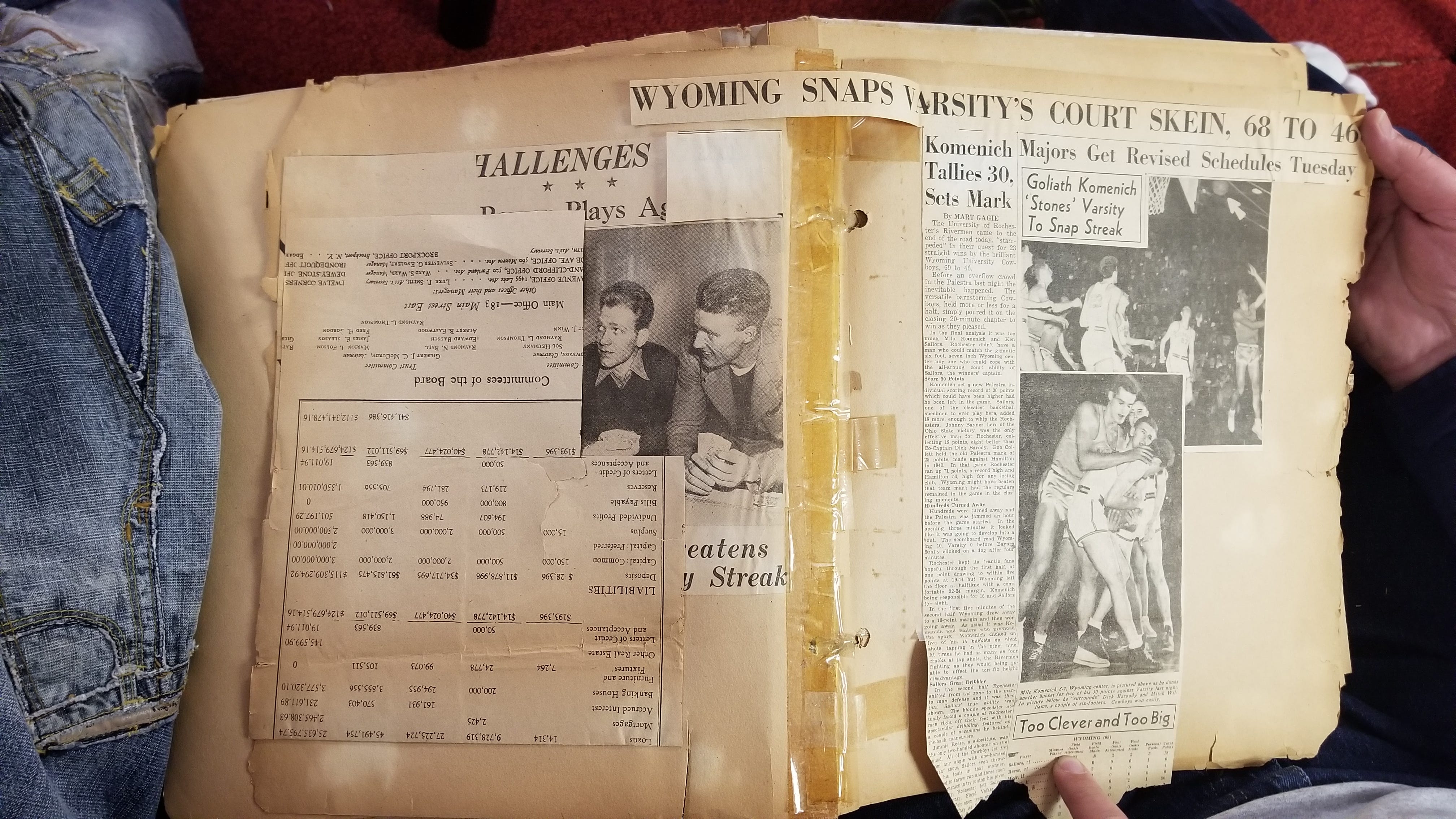 Newspaper clippings from coverage of the Rochester-Wyoming game in 1943. D&C on the left side, University of Rochester's student newspaper, The Campus, on the right.