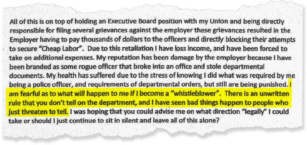 A 2017 complaint filed by a deputy in Illinois with the state inspector general. Officers around the state wrote to officials outside the department looking for safe ways to report misconduct because they were scared of internal reprisals.