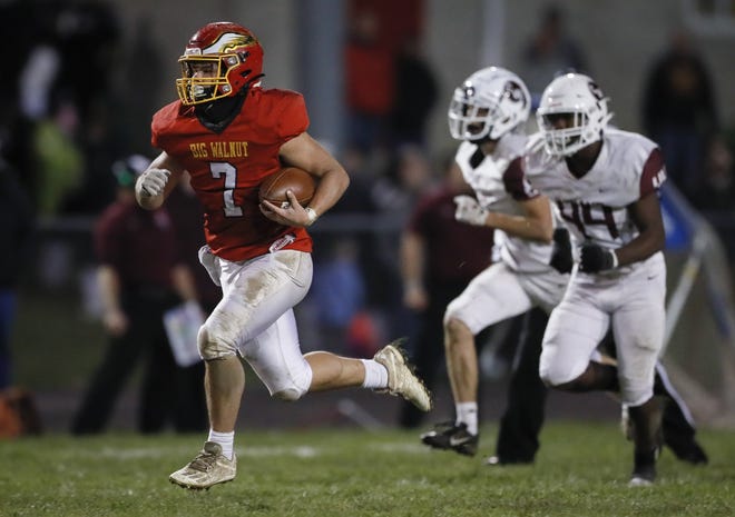 Big Walnut's Nate Severs runs for a touchdown in a 38-7 win over Canal Winchester on Nov. 5. The Golden Eagles face Massillon Washington in a Division II, Region 7 semifinal Nov. 12 at Arlin Field in Mansfield.