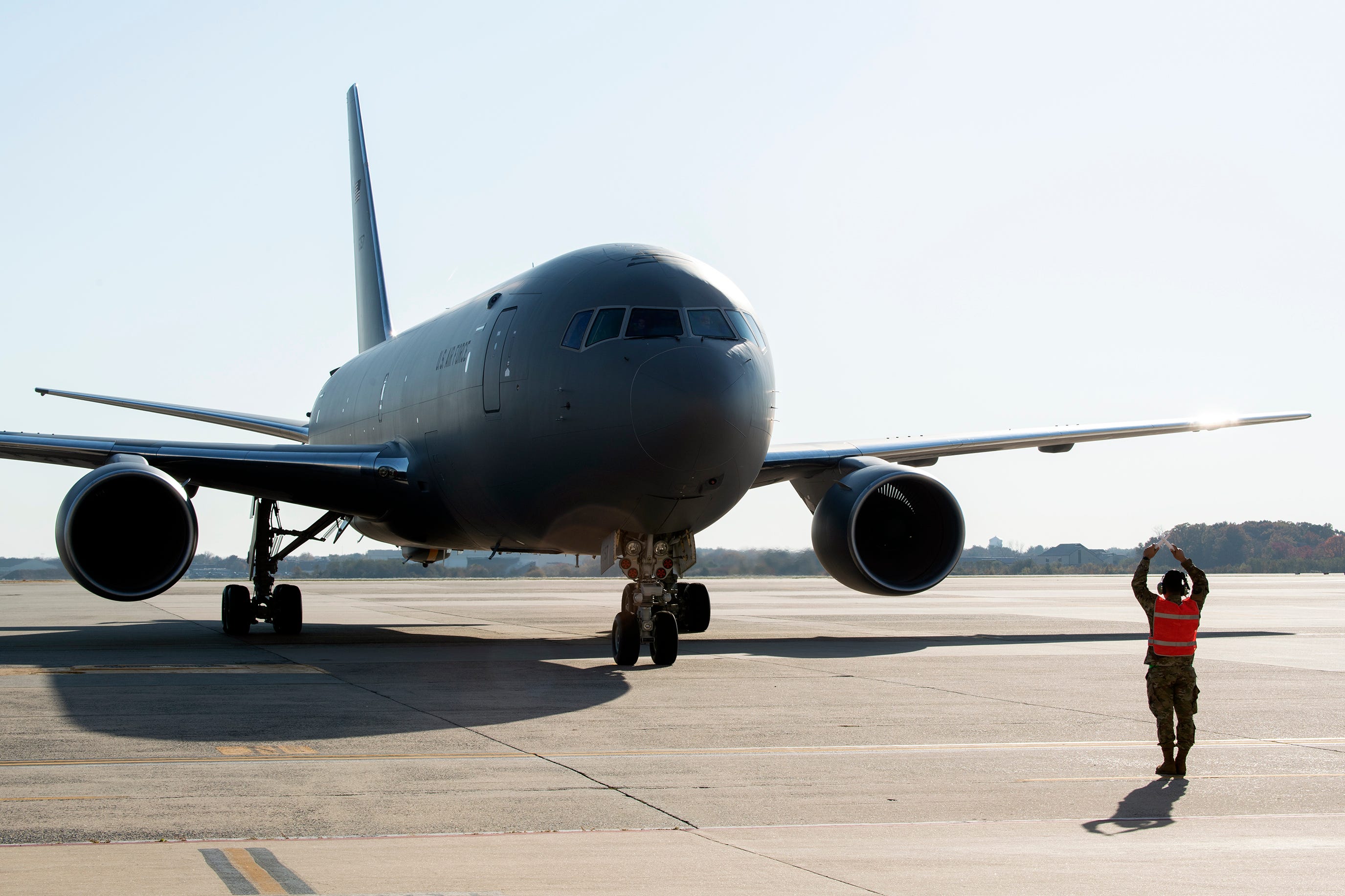 A Boeing KC-46A lands for an unveiling ceremony at Joint Base McGuire-Dix-Lakehurst Tuesday, Nov. 9, 2021 in Burlington County, NJ.
