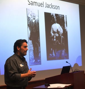 Doug Stout, veterans project coordinator for the Licking County Public Library, tells the story of Licking County veteran Samuel Jackson on Tuesday, Nov. 9, 2021 at the Downtown Newark branch of the Licking County Library. Jackson served in the United States Colored Troops during the Civil War, including the Battle of the Crater part of the siege of Petersburg. After serving in the military Jackson moved to Granville, where he is buried in Maple Grove Cemetery.
