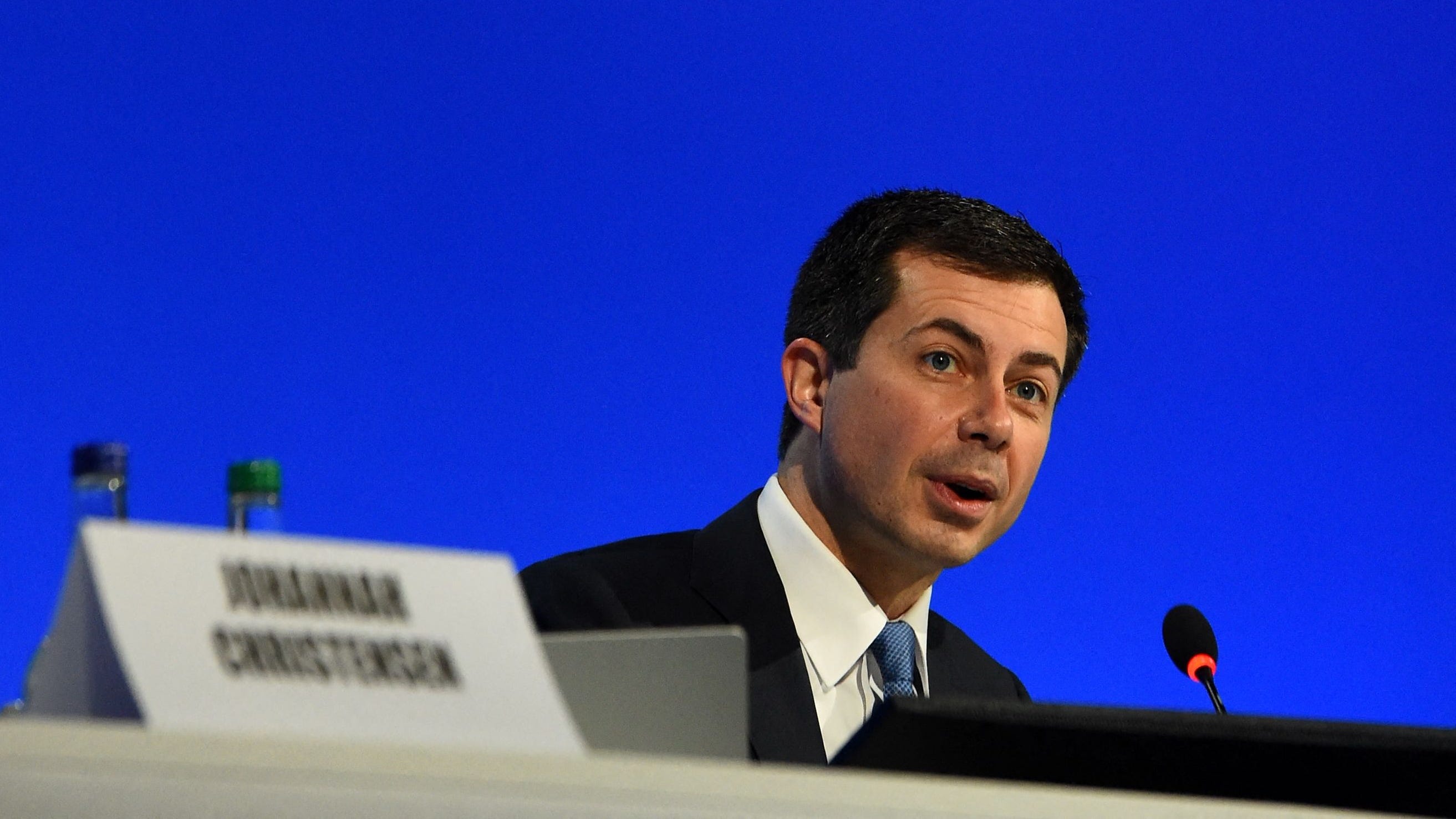 US Transportation Secretary Pete Buttigieg speaks at a session during the COP26 UN Climate Change Conference in Glasgow on November 10, 2021.