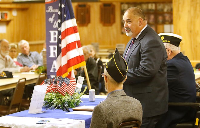 Victor Perez, a Marine veteran, gives his address at the Veterans Day program at the Harry Higgins Post 88 of the American Legion in Ashland on Thursday, Nov. 11, 2021.