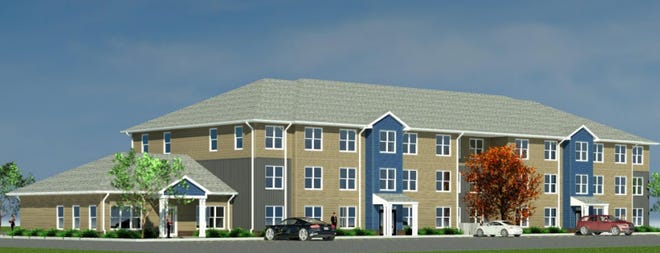 A 3D rendering of an apartment complex planned for an 11-acre site east of South Indiana Street in the town of Mooresville.
