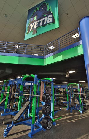 The Yeti mascot and school colors offer a splashy trim to the new fitness center inside the Jack Hunt Campus Center at Cleveland Community College in Shelby.