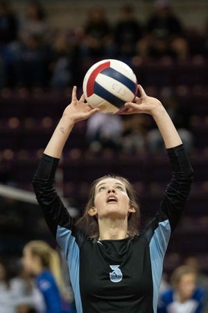 Pueblo West High School's Kate Gallery sets the ball during the first round of the Class 5A state girls volleyball tournament against Broomfield on Thursday, November 11, 2021.